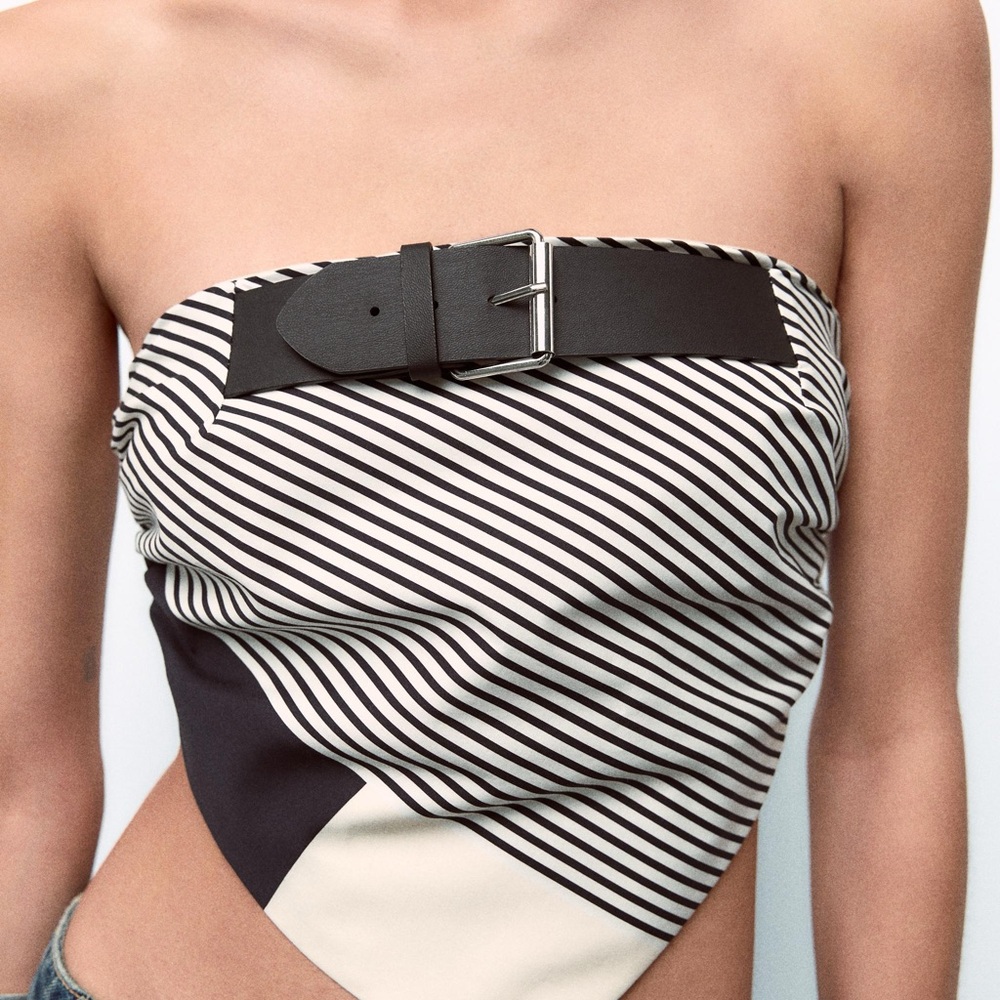 Zara Black and White Striped Belt Poplin Crop Top